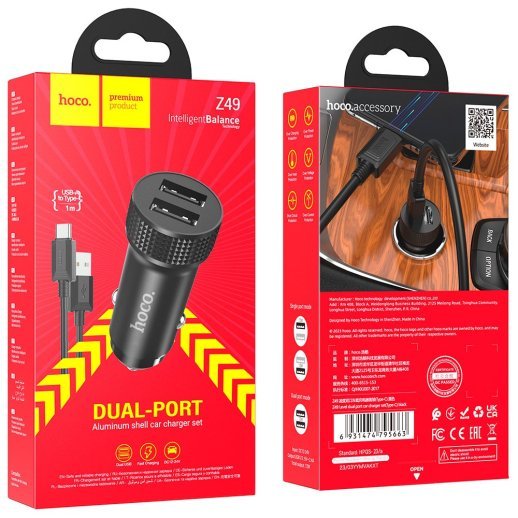 Автомобільний зарядний пристрій HOCO Z49 2USB 2,4A + кабель USB - Type-C, чорний