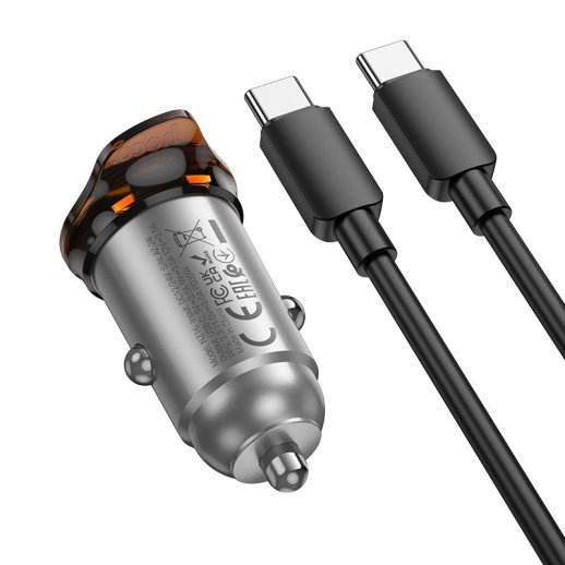 Автомобільний зарядний пристрій HOCO NZ16 PD 30W Type-C + кабелем Type-C to Type-C, сірий