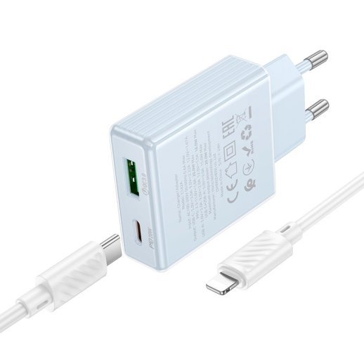 Мережевий зарядний пристрій HOCO C142A TYPE-C PD 20W + USB QC3.0 + кабель TYPE-C - LIGHTNING, блакитний