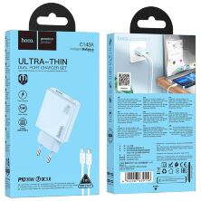 Мережевий зарядний пристрій HOCO C142A TYPE-C PD 20W + USB QC3.0 + кабель TYPE-C - LIGHTNING, блакитний