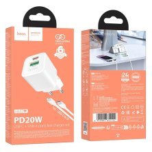 Зарядний пристрій HOCO N65 Ingenious, PD20W + QC3.0, два порти (USB-C + USB-A), комплект з кабелем Type-C to Lightning, EU-вилка, білий