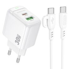Мережевий зарядний пристрій BOROFONE BAS45A TYPE-C PD 30W / USB QC3.0 + кабель TYPE-C - TYPE-C, білий