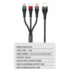 Кабель USB WUW X190 3в1 USB - Lightning/Micro/Type-C 100W 1.20 МЕТРИ Тканина Чорний (45)