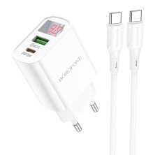 Мережевий зарядний пристрій BOROFONE BA78A Golden grid dual-port PD20W+QC3.0 charger with digital display + кабель TYPE-C - TYPE-C