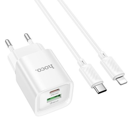 Мережевий зарядний пристрій HOCO C147A TYPE-C PD 20W / USB QC3.0 + кабель TYPE-C - LIGHTNING, БІЛИЙ
