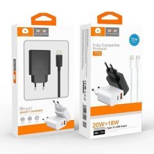 Мережевий зарядний пристрій WUW T72 TYPE-C PD 20W | USB 18W + USB кабель Type-C - Lightning БІЛИЙ