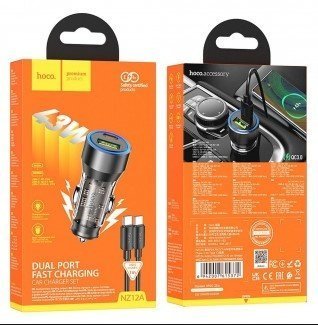 Автомобільний зарядний пристрій HOCO NZ12A 43W TYPE-C PD 25W + USB QC 3.0 18W з кабелем TYPE-C - TYPE-C, ЧОРНИЙ