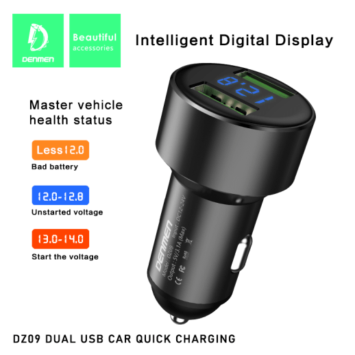 Автомобільний зарядний пристрій DENMEN DZ09 LED LCD 3.1A 2USB PORT ЧОРНИЙ