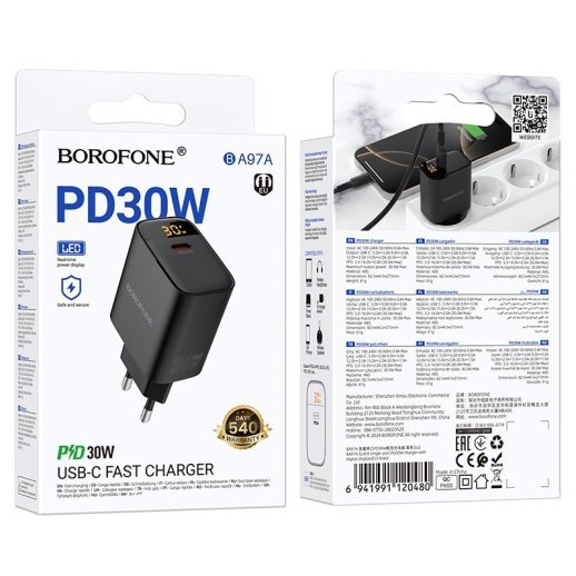 Мережевий зарядний пристрій BOROFONE BA97A TYPE-C PD 30W, чорний