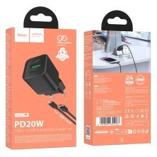 Зарядний пристрій HOCO N65 Ingenious, PD20W + QC3.0, два порти (USB-C + USB-A), комплект з кабелем Type-C to Lightning, EU-вилка, чорний