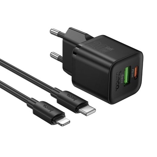 Зарядний пристрій HOCO N65 Ingenious, PD20W + QC3.0, два порти (USB-C + USB-A), комплект з кабелем Type-C to Lightning, EU-вилка, чорний