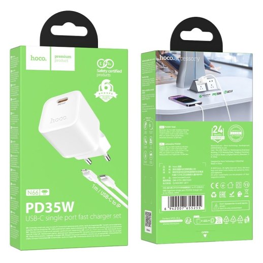Зарядний пристрій HOCO N66 Ingenious, 35 Вт PD, один USB-C порт, комплект з кабелем Type-C to Lightning, EU-вилка, білий