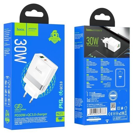 Мережевий зарядний пристрій HOCO N21 Topspeed PD 30W TYPE-C + USB QC3.0, бiлий