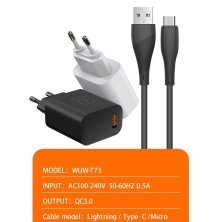 Мережевий зарядний пристрій WUW T73 18W USB QC3.0 + USB кабель USB - Type-C БІЛИЙ