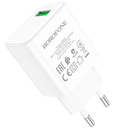 Мережевий зарядний пристрій BOROFONE BA66A USB QC3.0, білий