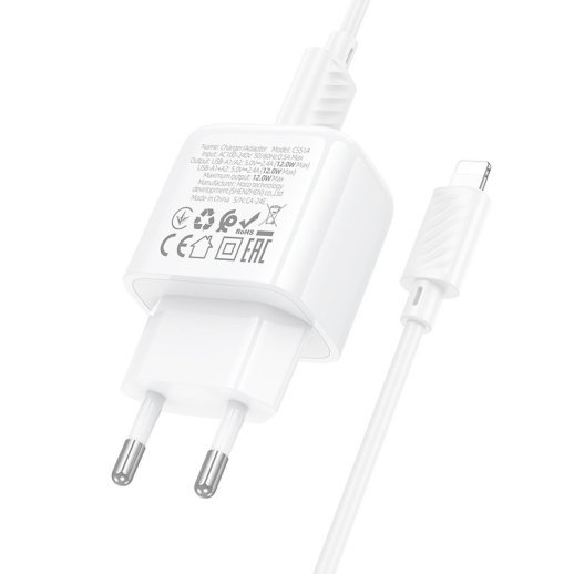 Мережевий зарядний пристрій HOCO CS51A 2USB 2.4A + кабель USB - LIGHTNING, білий