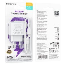 Мережевий зарядний пристрій BOROFONE BAS43A TYPE-C PD 20W + кабель TYPE-C - LIGHTNING, білий