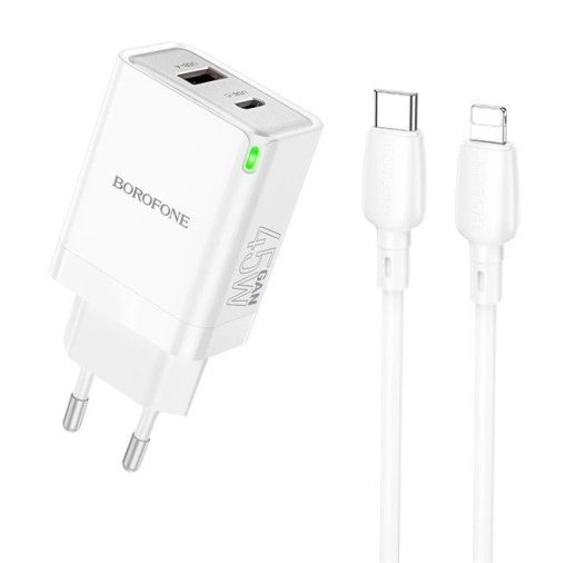 Мережевий зарядний пристрій Borofone BN16 Type -C PD 45W + USB QC3.0 18W + кабель Type-C - Lightning, білий