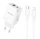 Мережевий зарядний пристрій Borofone BN16 Type -C PD 45W + USB QC3.0 18W + кабель Type-C - Lightning, білий