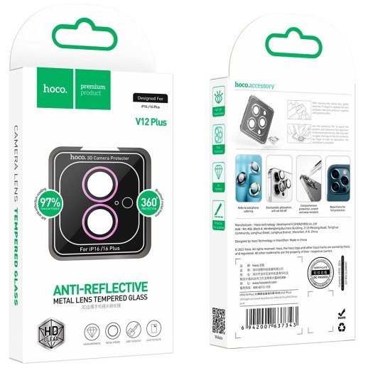 Скло для камери HOCO V12 PLUS APPLE iPhone 16 | iPhone 16 PLUS рожевий