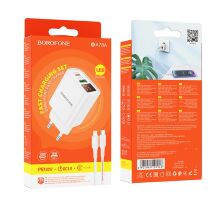 Мережевий зарядний пристрій BOROFONE BA78A Golden grid dual-port PD20W+QC3.0 charger with digital display + кабель TYPE-C - LIGHTNING