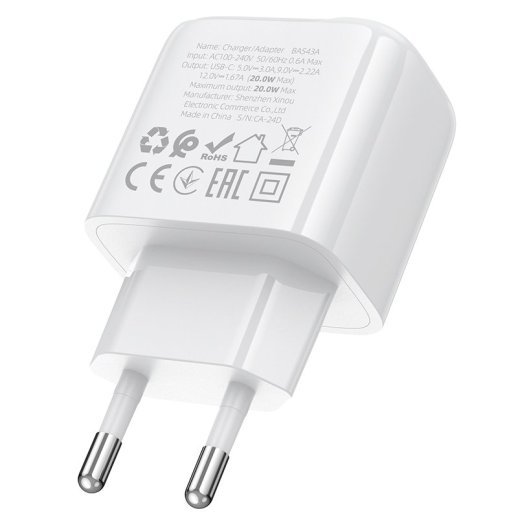 Мережевий зарядний пристрій BOROFONE BAS43A TYPE-C PD 20W, білий