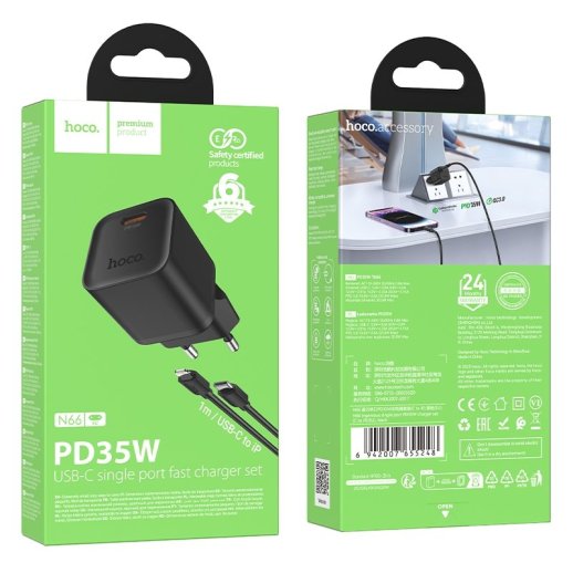 Зарядний пристрій HOCO N66 Ingenious, 35 Вт PD, один USB-C порт, комплект з кабелем Type-C to Lightning, EU-вилка, чорний