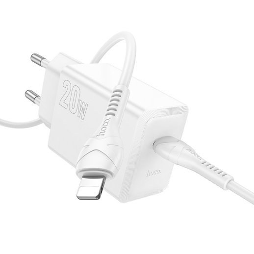 Зарядний пристрій HOCO N68 Nuevo, 20 Вт PD, один USB-C порт, комплект з кабелем Type-C to Lightning, EU-вилка, білий