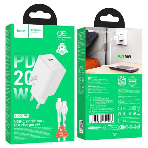 Зарядний пристрій HOCO N68 Nuevo, 20 Вт PD, один USB-C порт, комплект з кабелем Type-C to Lightning, EU-вилка, білий