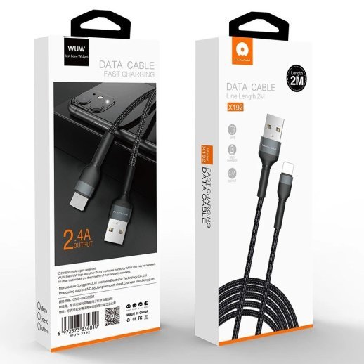 Кабель USB WUW X192 USB - Type-C 2.4A Тканинна обплетення ЧОРНИЙ 2 МЕТРИ