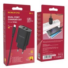 Мережевий зарядний пристрій Borofone BN2 2*USB 2,1A + кабель USB - Lightning, чорний