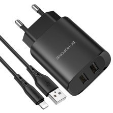 Мережевий зарядний пристрій Borofone BN2 2*USB 2,1A + кабель USB - Lightning, чорний