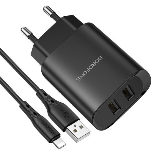 Мережевий зарядний пристрій Borofone BN2 2*USB 2,1A + кабель USB - Lightning, чорний