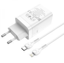 Мережевий зарядний пристрій HOCO N23 PD 45W 2 TYPE-C + КАБЕЛЬ Type-C - Lightning, БІЛИЙ