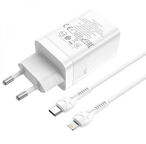 Мережевий зарядний пристрій HOCO N23 PD 45W 2 TYPE-C + КАБЕЛЬ Type-C - Lightning, БІЛИЙ