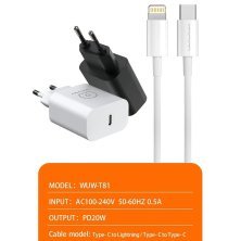Мережевий зарядний пристрій WUW T81 20W Type-C PD + USB кабель Type-C - Lightning БІЛИЙ