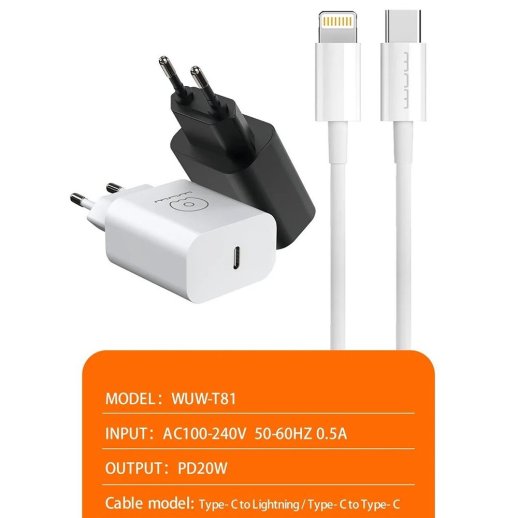 Мережевий зарядний пристрій WUW T81 20W Type-C PD + USB кабель Type-C - Lightning БІЛИЙ