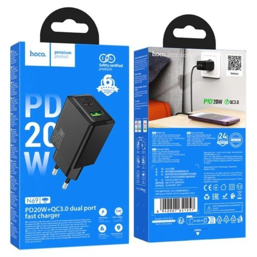 Мережевий зарядний пристрій HOCO N69 Nuevo 20W PD / QC3.0, чорний