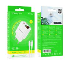 Мережевий зарядний пристрій BOROFONE BA78A Golden grid dual-port PD20W+QC3.0 charger with digital display + кабель TYPE-C - TYPE-C