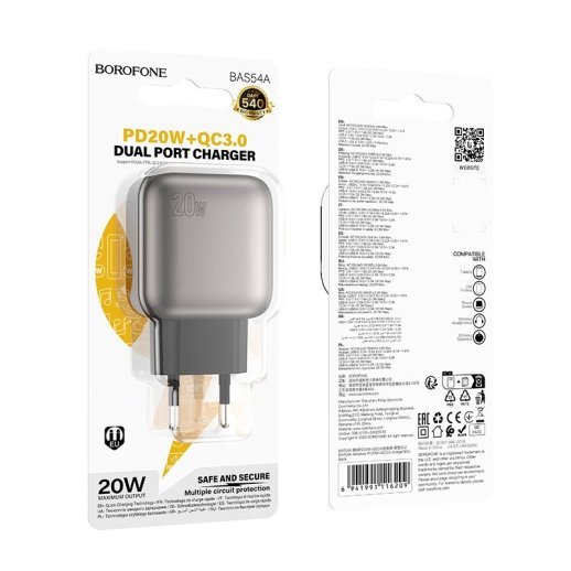 Мережевий зарядний пристрій BOROFONE BAS54A TYPE-C PD 20W + USB QC3.0, чорний