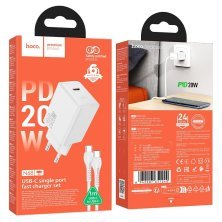 Зарядний пристрій HOCO N68 Nuevo, 20 Вт PD, один USB-C порт, комплект з кабелем Type-C to Type-C, EU-вилка, білий