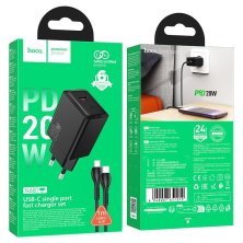 Зарядний пристрій HOCO N68 Nuevo, 20 Вт PD, один USB-C порт, комплект з кабелем Type-C to Lightning, EU-вилка, чорний