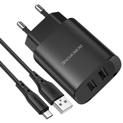 Мережевий зарядний пристрій Borofone BN2 2*USB 2,1A + кабель USB - MicroUSB, чорний