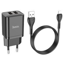 Мережевий зарядний пристрій HOCO N25 2*USB 2,1A + кабель USB - Lightning, чорний