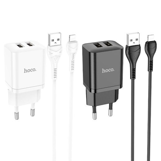 Мережевий зарядний пристрій HOCO N25 2*USB 2,1A + кабель USB - Lightning, чорний