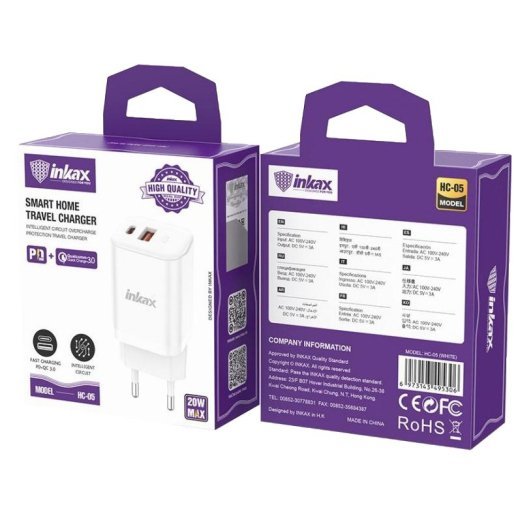 Мережевий зарядний пристрій INKAX HC-05 1 USB QC 3.0 18W / 1 TYPE-C PD 20W