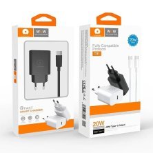 Мережевий зарядний пристрій WUW T81 20W Type-C PD + USB кабель Type-C - Type-C БІЛИЙ