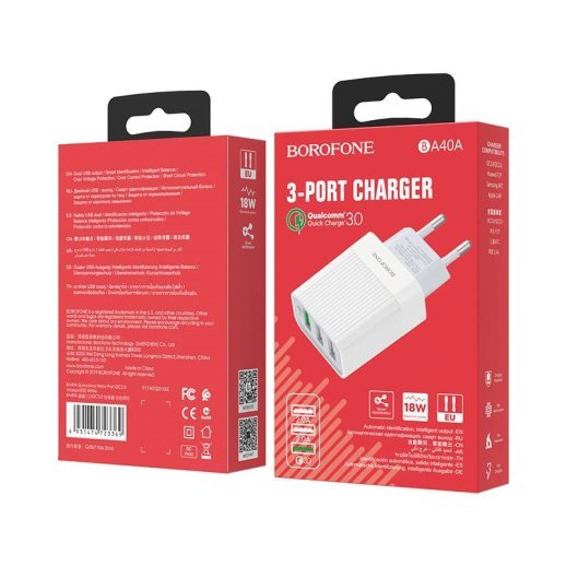 Мережевий зарядний пристрій BOROFONE BA40A Speedway three-Port QC3.0 charger(EU)