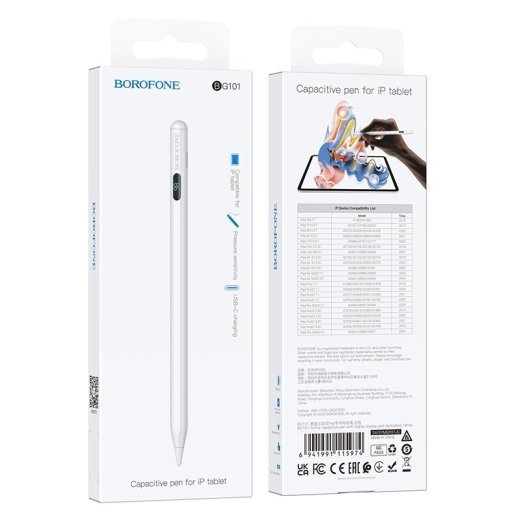 Стилус для планшета BOROFONE BG101 Active Capacitive Pen з цифровим дисплеєм, білий