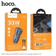 Автомобільний зарядний пристрій HOCO Z57A PD 30W + QC3.0 кабель TYPE-C - TYPE-C, сірий